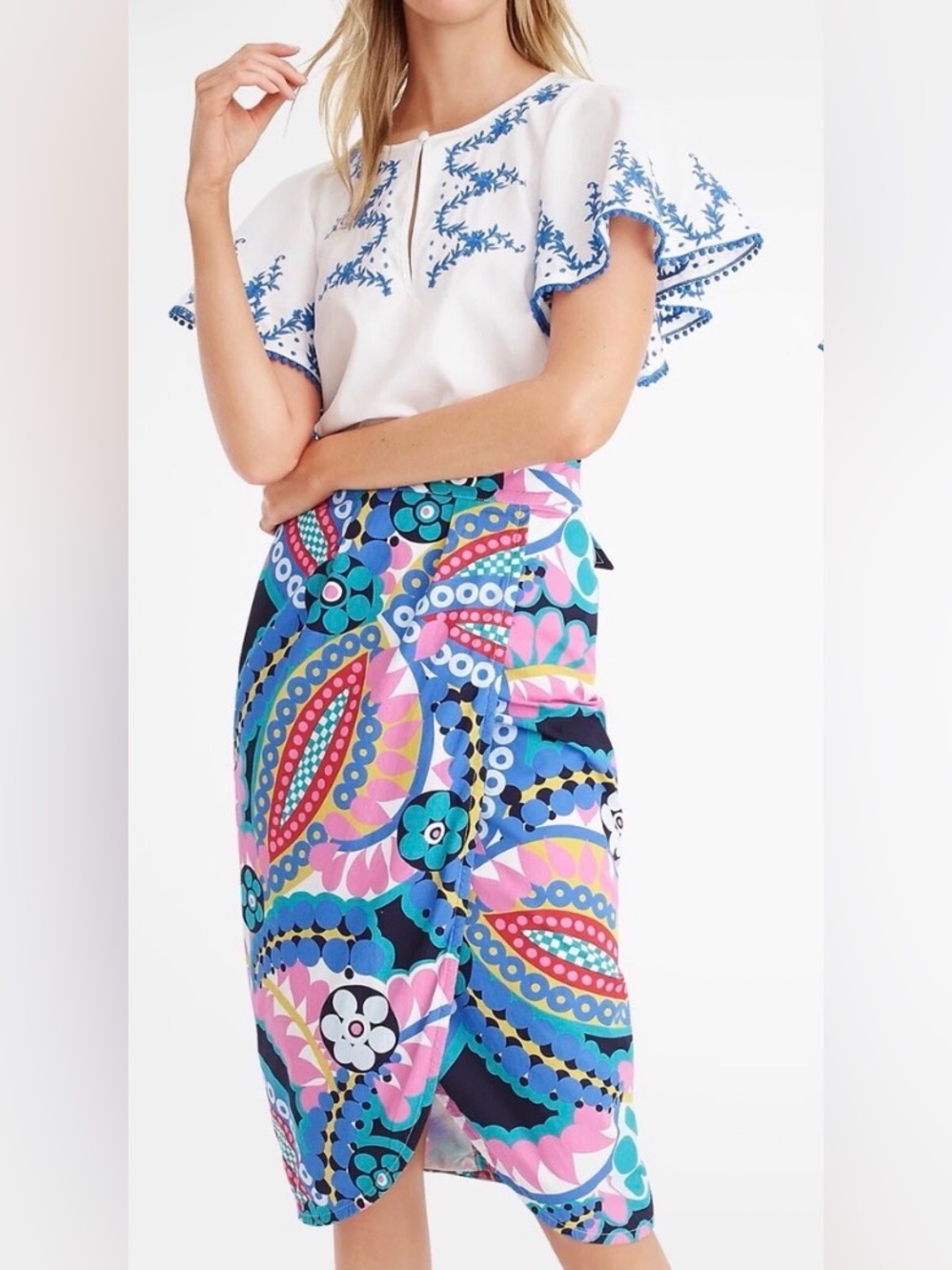 J. Crew Multicolor Abstract Floral Midi Skirt - Pink, Blue, Green, Yellow
